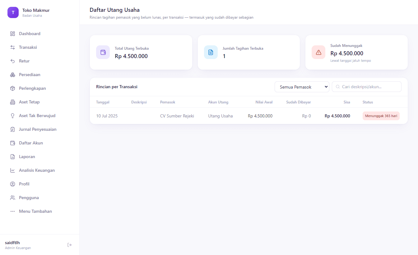 Daftar Utang Usaha menampilkan utang lama ke pemasok yang baru dicatat, lengkap dengan nama pemasok dan status menunggak