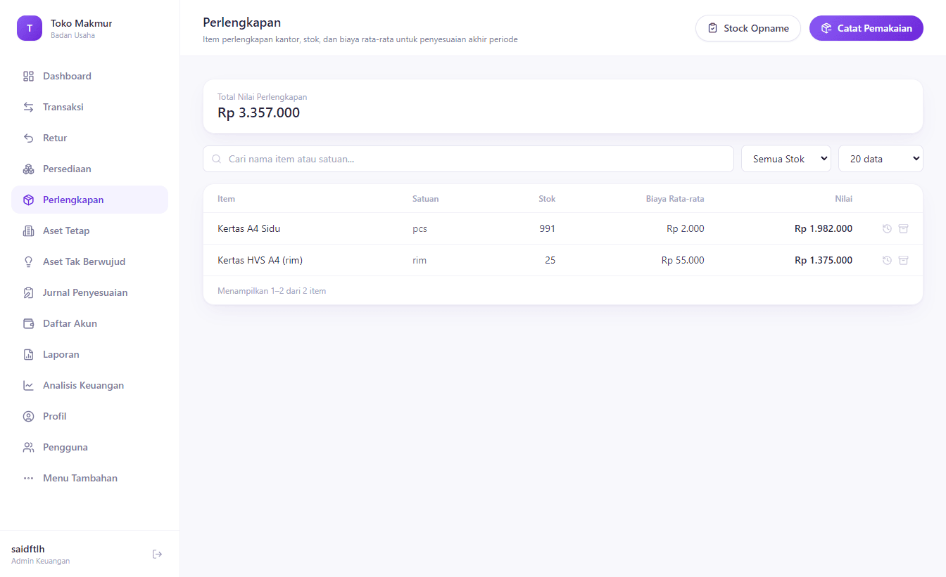 Halaman Perlengkapan menampilkan daftar item beserta stok, biaya rata-rata, dan nilai totalnya