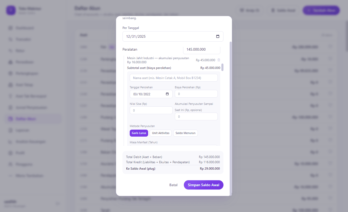 Aset sudah ditambahkan di bawah akun Peralatan, dengan nilai akun Peralatan dan Akumulasi Penyusutan yang otomatis ter-update