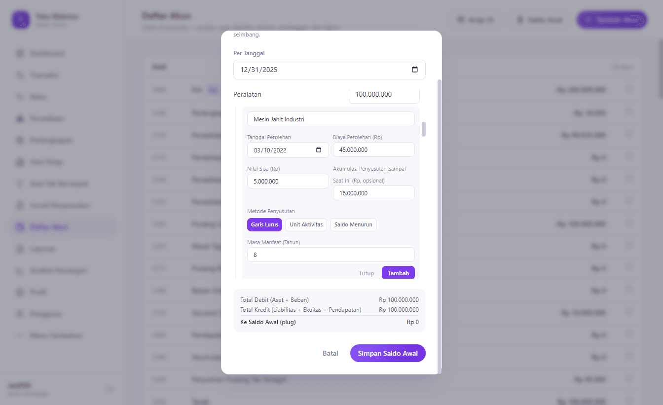 Form daftarkan aset tetap yang sudah dimiliki, di dalam modal Saldo Awal pada baris akun Peralatan