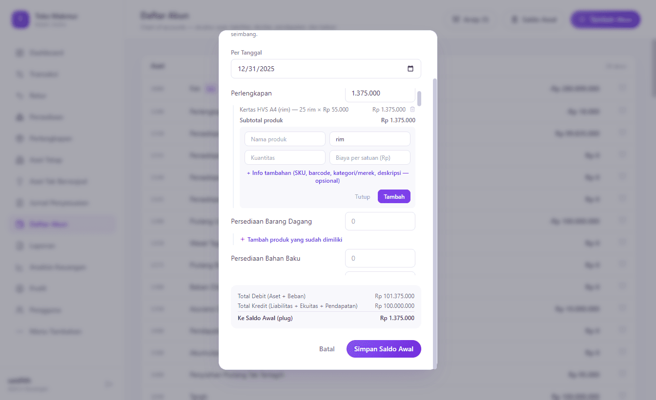 Item Kertas HVS A4 sudah ditambahkan di bawah akun Perlengkapan, dengan subtotal dan field akun yang otomatis ter-update