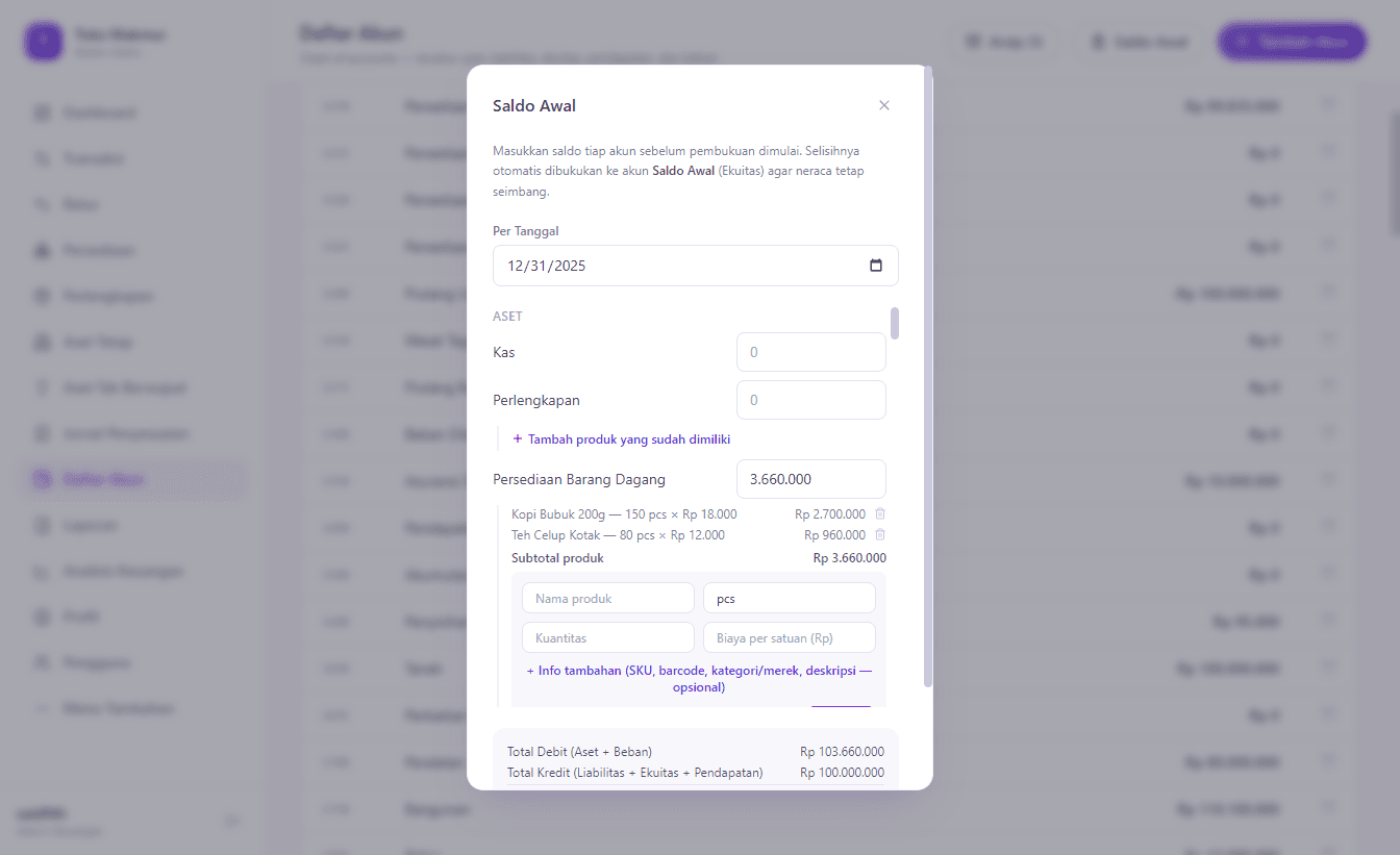 Dua produk sudah ditambahkan di bawah akun Persediaan Barang Dagang, dengan subtotal dan field akun yang otomatis ter-update