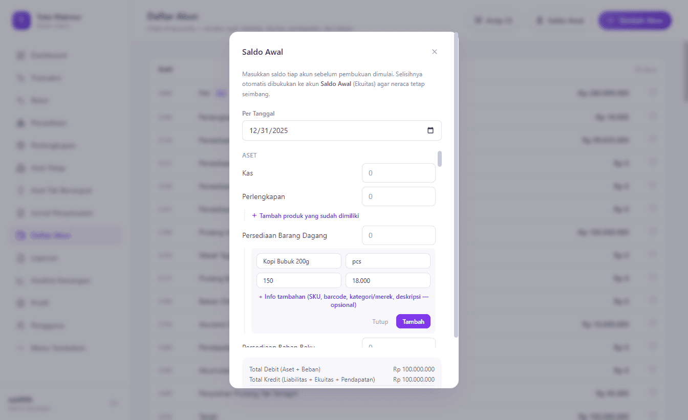 Form tambah produk di dalam modal Saldo Awal, pada baris akun Persediaan Barang Dagang